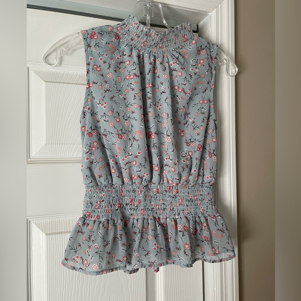 Japna Floral Sleeveless Peplum Blouse Blue Pink Smocked Waist | Women’s S